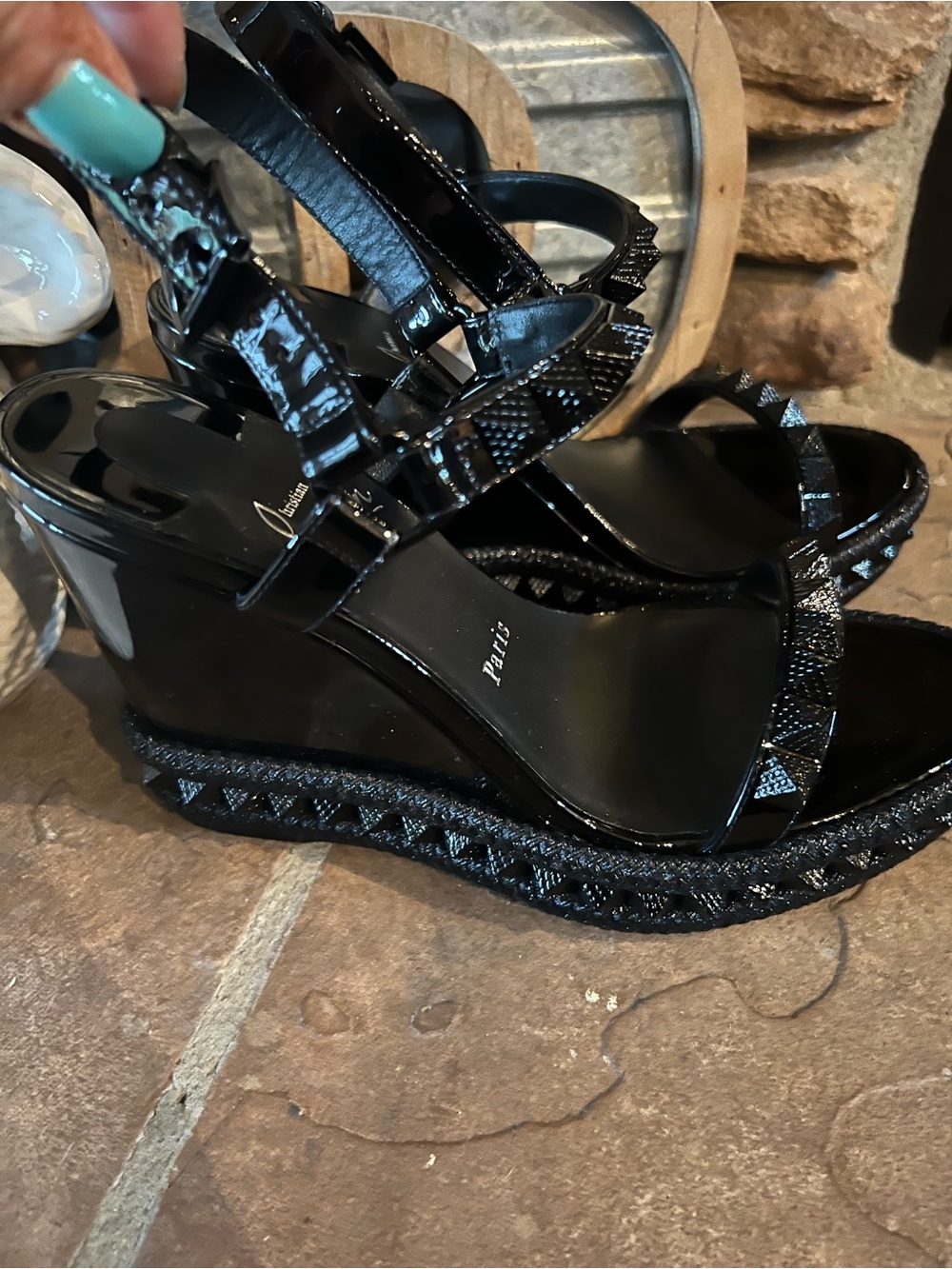 Christian Louboutin Black Patent Wedge Sandals never worn! Posh authenticated